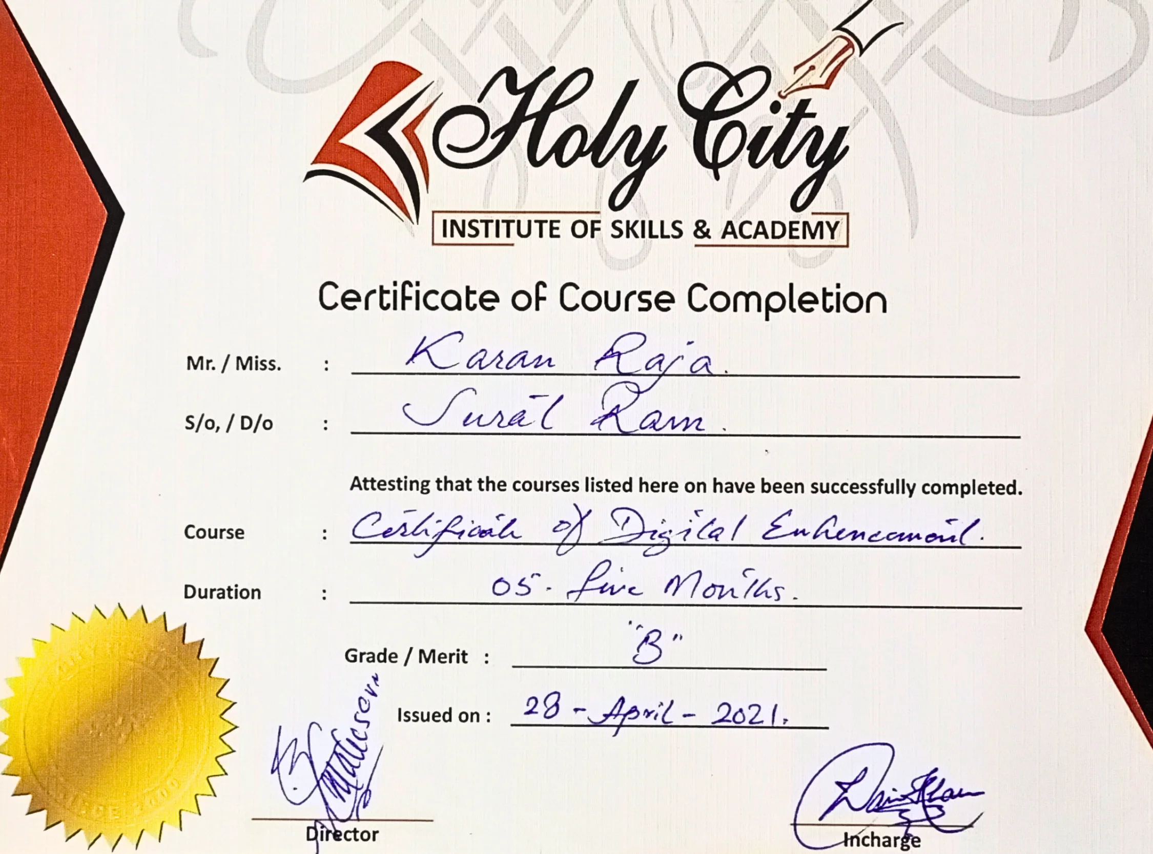 Holy City Institution Certificate